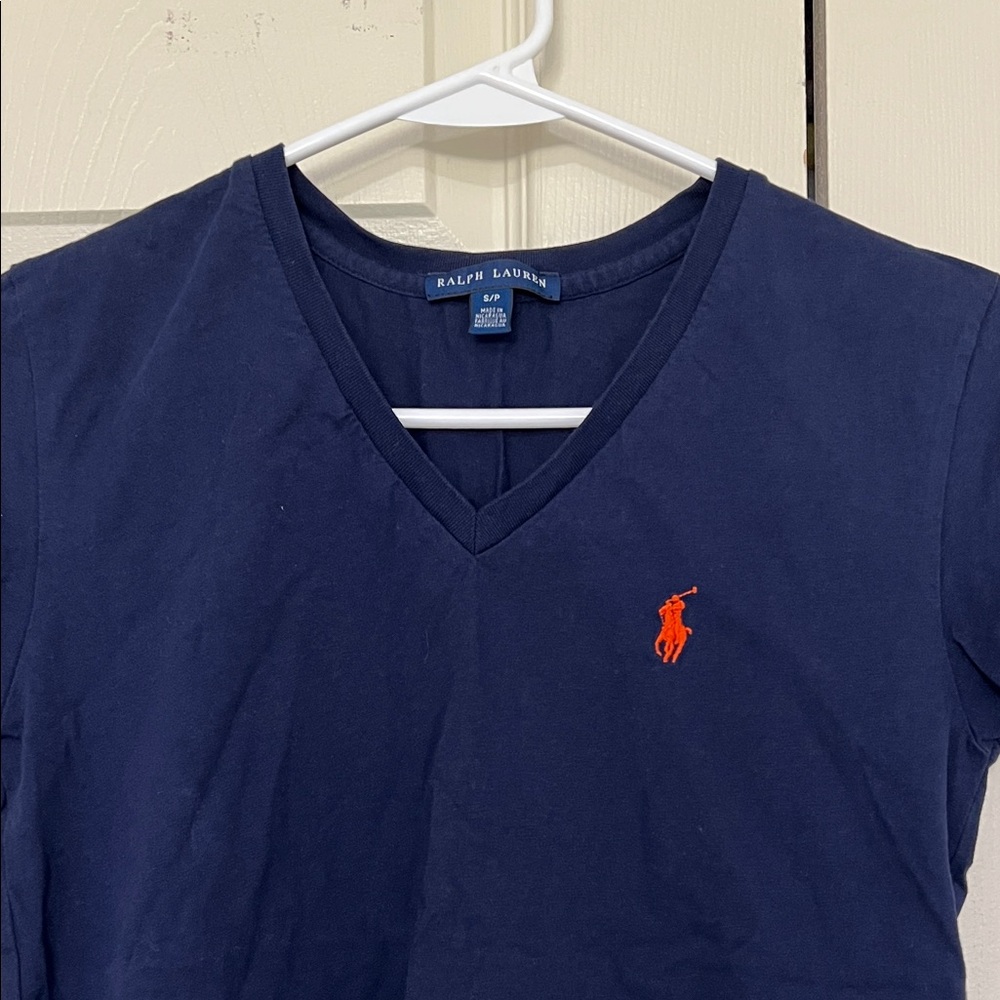Ralph Lauren Dark Blue V-Neck Tee with Orange Emblem